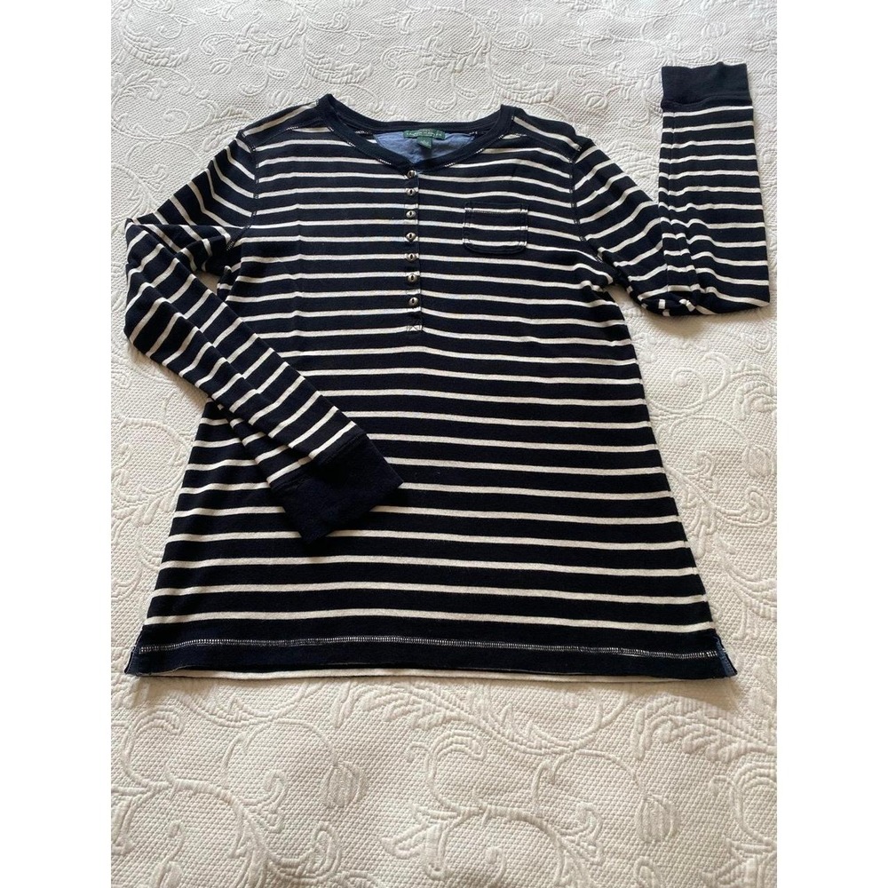 LRL Lauren Ralph Striped long sleeve henley pocket knit top cotton large